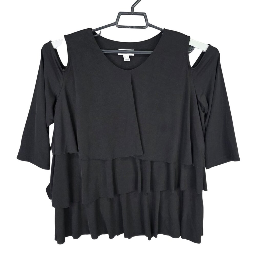 Womens Susan Graver Black Cold Shoulder Tiered Top Polyester Spandex Blend XL